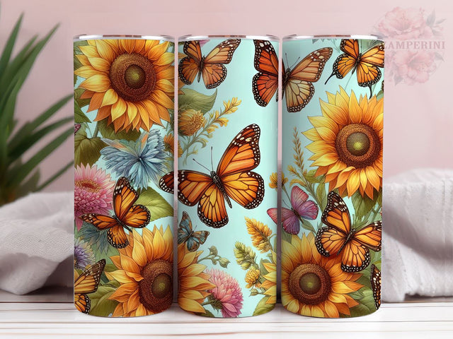 Colorful neon butterflies sunflower 20oz Skinny Tumbler, Instant Digital Download PNG, Straight & Tapered Tumbler Wrap PNG Sublimation Li Zamperini 