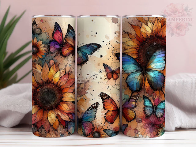 Colorful neon butterflies sunflower 20oz Skinny Tumbler, Instant Digital Download PNG, Straight & Tapered Tumbler Wrap PNG Sublimation Li Zamperini 