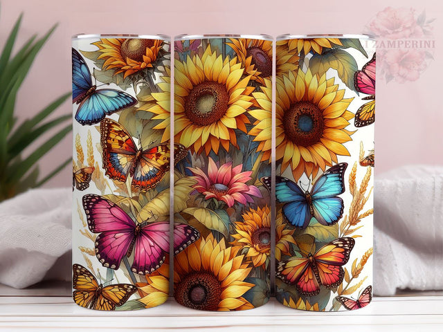 Colorful neon butterflies sunflower 20oz Skinny Tumbler, Instant Digital Download PNG, Straight & Tapered Tumbler Wrap PNG Sublimation Li Zamperini 