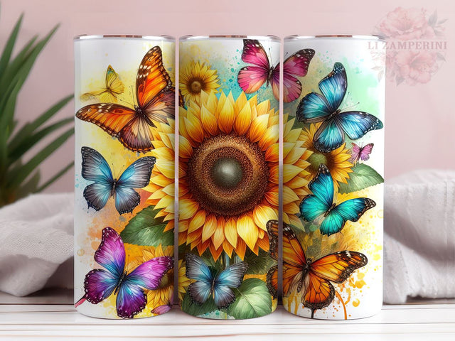 Colorful neon butterflies sunflower 20oz Skinny Tumbler, Instant Digital Download PNG, Straight & Tapered Tumbler Wrap PNG Sublimation Li Zamperini 