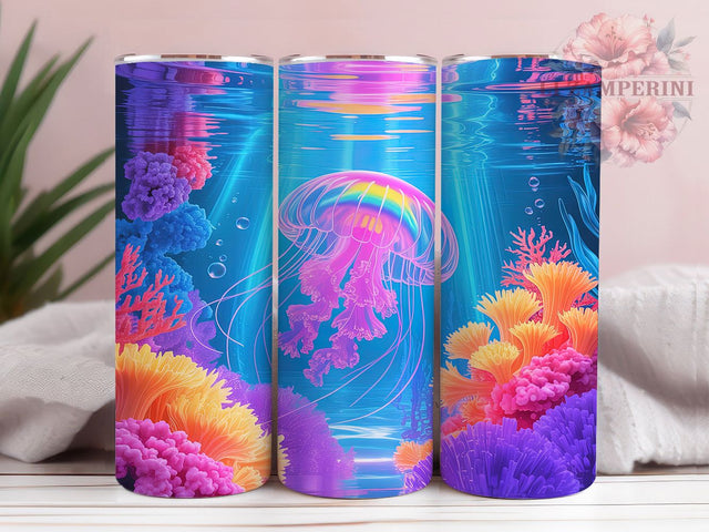 Colorful Neon Jellyfish Tumbler, Underwater Jellyfish Pattern, Colorful Ocean Design, 20Oz Sublimation Wrap, Neon Jellyfish Art, Sea Life Texture, Tumbler Sublimation Sublimation Li Zamperini 