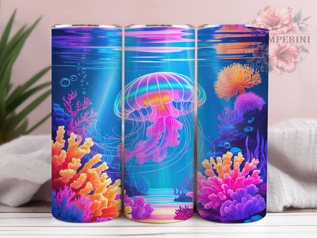 Colorful Neon Jellyfish Tumbler, Underwater Jellyfish Pattern, Colorful Ocean Design, 20Oz Sublimation Wrap, Neon Jellyfish Art, Sea Life Texture, Tumbler Sublimation Sublimation Li Zamperini 