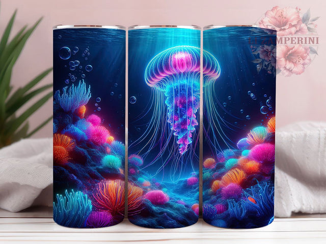 Colorful Neon Jellyfish Tumbler, Underwater Jellyfish Pattern, Colorful Ocean Design, 20Oz Sublimation Wrap, Neon Jellyfish Art, Sea Life Texture, Tumbler Sublimation Sublimation Li Zamperini 