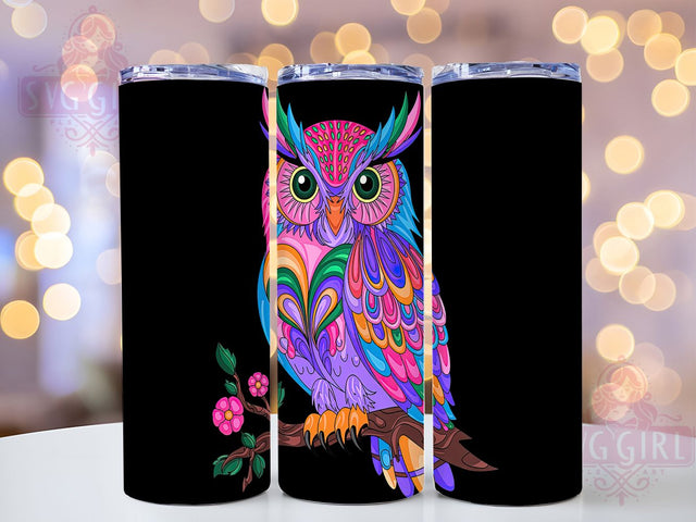 Colorful Night Owl 20oz Tumbler, Black Background Wrap, 20oz Sublimation Wrap, Vibrant Owl Design, Night Owl Cup, Boho Owl Art, Mystical Bird Tumbler Sublimation SvggirlplusArt 
