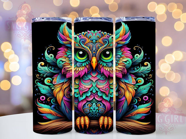 Colorful Night Owl 20oz Tumbler, Black Background Wrap, 20oz Sublimation Wrap, Vibrant Owl Design, Night Owl Cup, Boho Owl Art, Mystical Bird Tumbler Sublimation SvggirlplusArt 