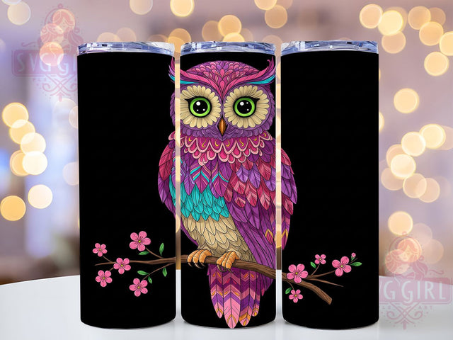 Colorful Night Owl 20oz Tumbler, Black Background Wrap, 20oz Sublimation Wrap, Vibrant Owl Design, Night Owl Cup, Boho Owl Art, Mystical Bird Tumbler Sublimation SvggirlplusArt 
