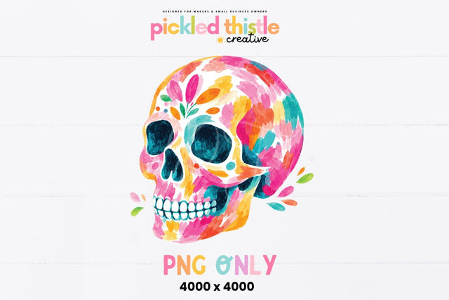 Colorful Painted Skull PNG, Halloween Skull Shirt Design SVG Pickled Thistle Creative 