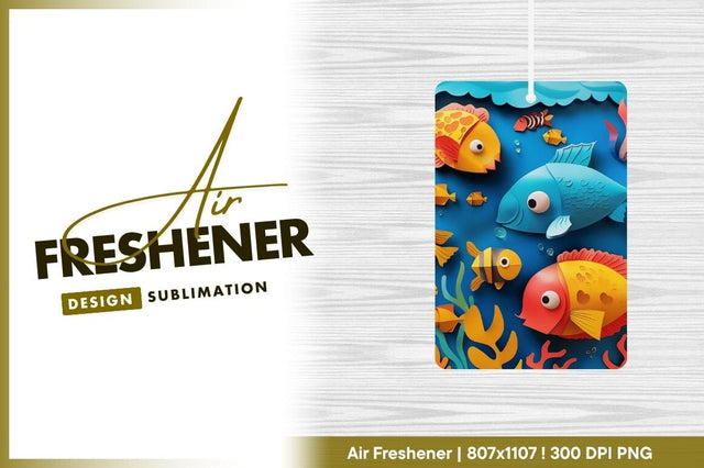 Colorful Paper Cutout Fish Swimming in Blue Water with Bubbles and Seaweed Sublimation Regulrcrative 