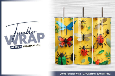 Colorful paper insects on yellow background tumbler png Sublimation Regulrcrative 