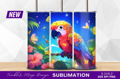 Colorful parrot with butterflies and tropical flowers Sublimation Regulrcrative 