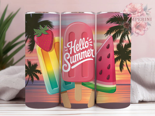 Colorful Popsicle Hello Summer 20oz Tumbler, Colorful Popsicle Wrap, Summer Treat PNG, 20oz Skinny Tumbler, Beach Sublimation Design, Sunset Beach Art, Popsicle Pattern Graphic, Fun Summer Drinkware Sublimation Li Zamperini 