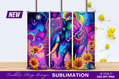 Colorful Psychedelic Elephant With Sunflowers Tumbler Png Sublimation Regulrcrative 