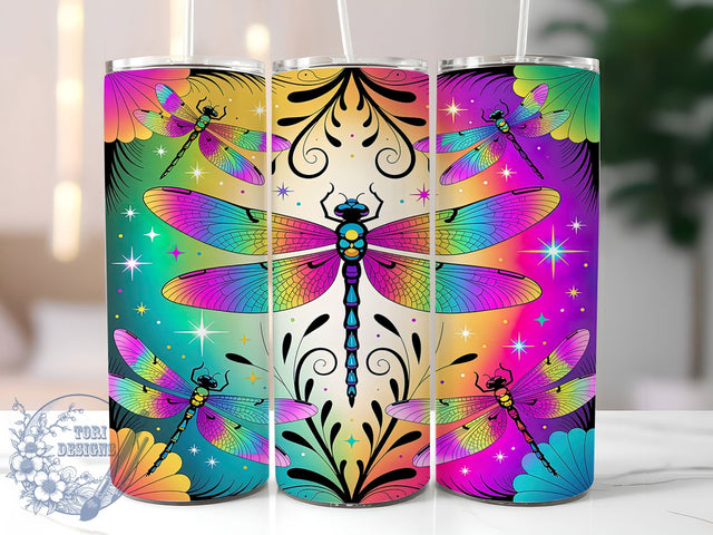 Colorful Rainbow Dragonfly Tumbler, Colorful Insect Pattern, Whimsical Nature Design, 20Oz Sublimation Wrap, Artistic Dragonfly Art, Vibrant Wing Texture, Tumbler Sublimation Sublimation ToriDesigns 