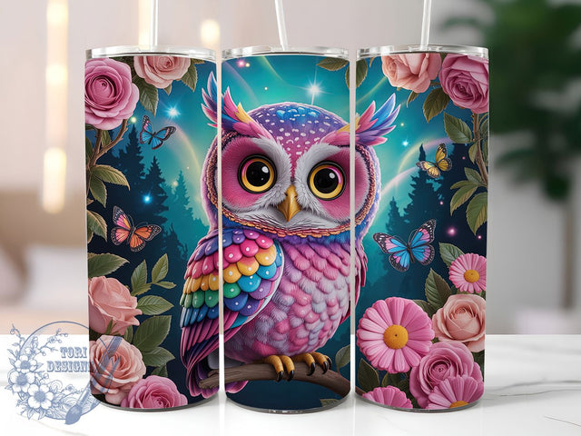 Colorful Rainbow Floral Owl Tumbler, Floral Wrap, Colorful Design, Sublimation Art, 20oz Tumbler, Nature Theme, Whimsical Style Sublimation ToriDesigns 
