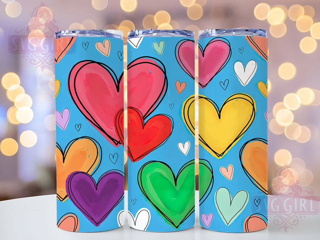 Colorful Rainbow Hearts Bright 20oz Tumbler, Rainbow Pattern, Hand Painted, Bright Pink, Fiery Red, Skinny Tumbler, Sublimation PNG Sublimation SvggirlplusArt 