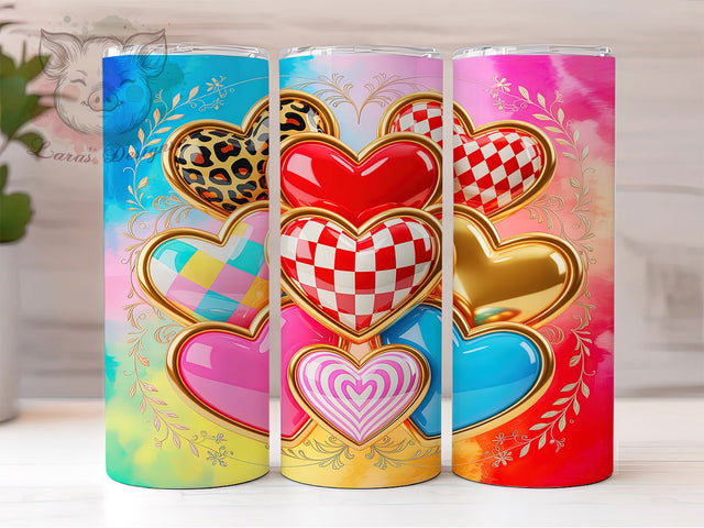 Colorful Rainbow Valentine Hearts Tumbler, Rainbow Valentine Pattern, Bright Love Heart Design, 20Oz Sublimation Wrap, Cheerful Romantic Art, Vibrant Heart Texture, Tumbler Sublimation Sublimation Lara' s Designs 