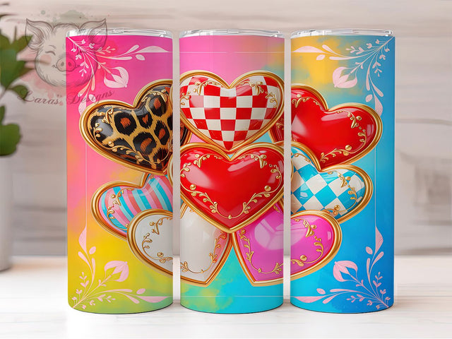 Colorful Rainbow Valentine Hearts Tumbler, Rainbow Valentine Pattern, Bright Love Heart Design, 20Oz Sublimation Wrap, Cheerful Romantic Art, Vibrant Heart Texture, Tumbler Sublimation Sublimation Lara' s Designs 