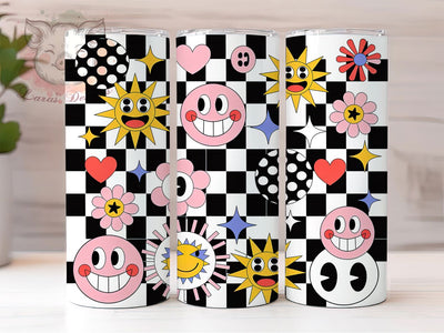 Colorful Retro Smiley Checkerboard Tumbler, Smiley Faces Wrap, Hearts And Stars Design, 20Oz Tumbler Sublimation, Fun Summer Drinkware, Retro Happy Cup, Bright Pattern Mug Sublimation Lara' s Designs 