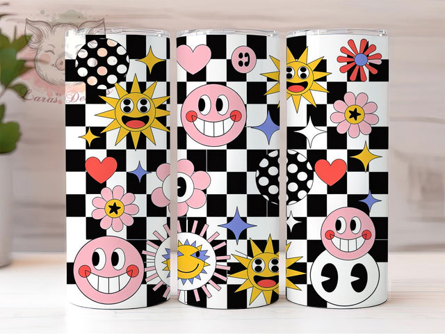 Colorful Retro Smiley Checkerboard Tumbler, Smiley Faces Wrap, Hearts And Stars Design, 20Oz Tumbler Sublimation, Fun Summer Drinkware, Retro Happy Cup, Bright Pattern Mug Sublimation Lara' s Designs 