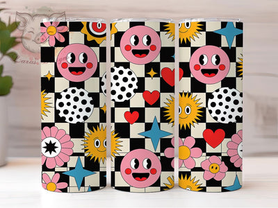 Colorful Retro Smiley Checkerboard Tumbler, Smiley Faces Wrap, Hearts And Stars Design, 20Oz Tumbler Sublimation, Fun Summer Drinkware, Retro Happy Cup, Bright Pattern Mug Sublimation Lara' s Designs 