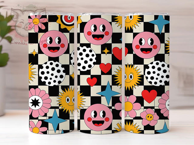 Colorful Retro Smiley Checkerboard Tumbler, Smiley Faces Wrap, Hearts And Stars Design, 20Oz Tumbler Sublimation, Fun Summer Drinkware, Retro Happy Cup, Bright Pattern Mug Sublimation Lara' s Designs 