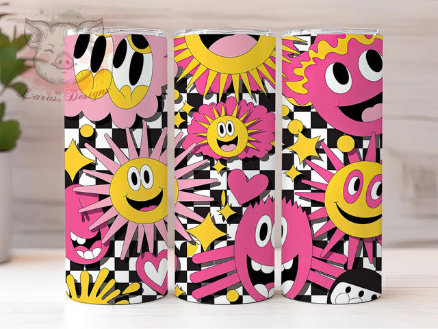 Colorful Retro Smiley Checkerboard Tumbler, Smiley Faces Wrap, Hearts And Stars Design, 20Oz Tumbler Sublimation, Fun Summer Drinkware, Retro Happy Cup, Bright Pattern Mug Sublimation Lara' s Designs 