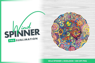 Colorful Round Wind Spinner Design with Floral Pattern on Wood Grain Background Sublimation Regulrcrative 