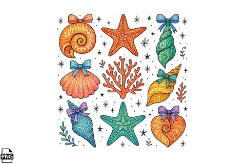 Colorful Sea Creatures And Shells PNG Printable File Sublimation Creativedesigntee 