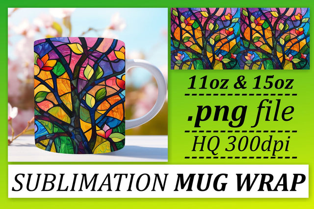 Colorful Stained Glass 11oz/15oz Tree Wrap Sublimation Mug Sublimation afrosvg 