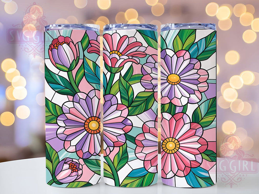 Colorful Stained Glass Floral Tumbler, Floral Pattern Design, Artistic ...