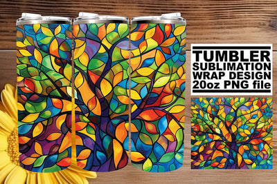 Colorful Stained Glass Tree 20oz Tumbler Sublimation Wrap Sublimation afrosvg 