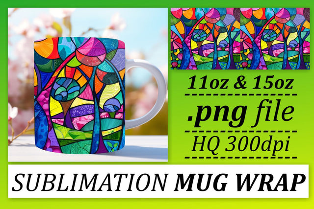 Colorful Stained Glass Tree Mug 11oz/15oz Wrap Design Sublimation afrosvg 