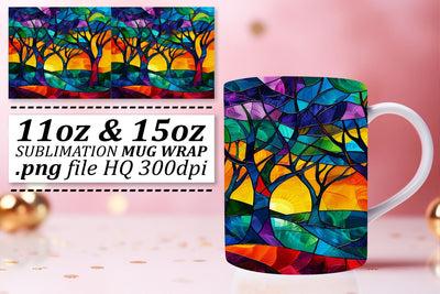 Colorful Stained Glass Tree Mug Wrap 11oz/15oz Sublimation Sublimation afrosvg 