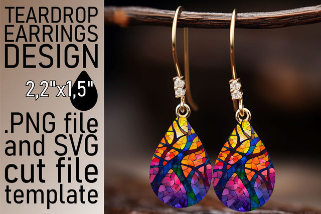 Colorful Stained Glass Tree Teardrop Earrings Design Sublimation afrosvg 