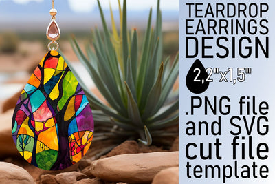 Colorful Stained Glass Tree Teardrop Earrings Design Sublimation afrosvg 