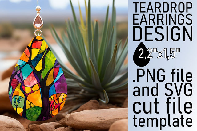 Colorful Stained Glass Tree Teardrop Earrings Design Sublimation afrosvg 