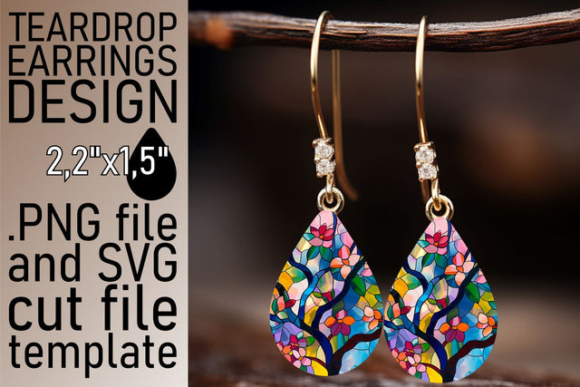Colorful Stained Glass Tree Teardrop Earrings Design Sublimation afrosvg 