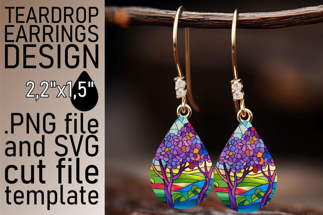 Colorful Stained Glass Tree Teardrop Earrings Design Sublimation afrosvg 