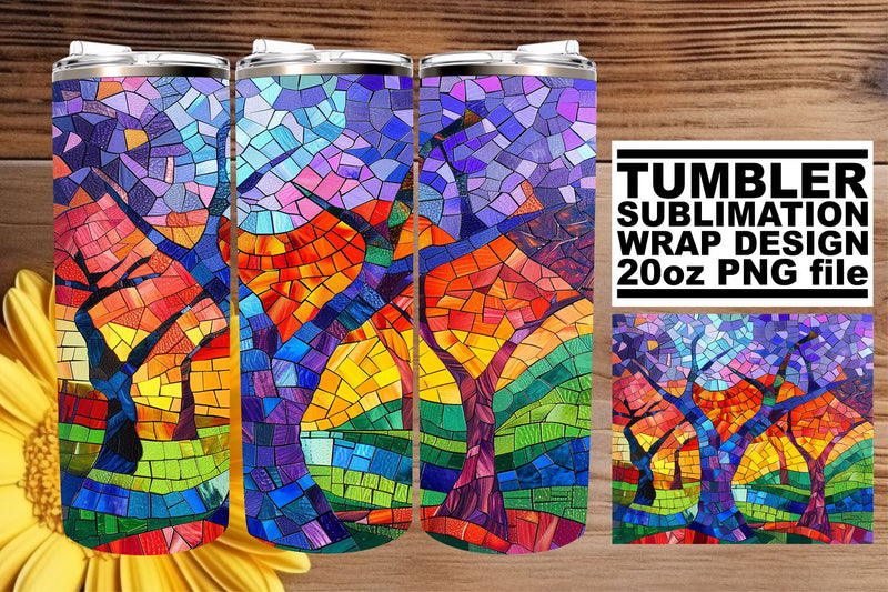 Colorful Stained Glass Tree Tumbler 20oz Wrap Design Sublimation afrosvg 