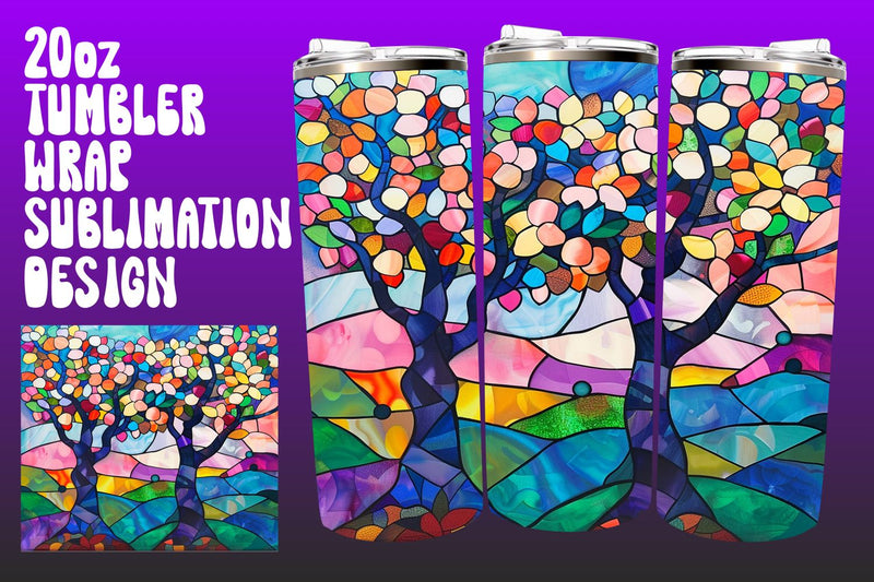 Colorful Stained Glass Tree Tumbler Wrap 20oz PNG Sublimation afrosvg 
