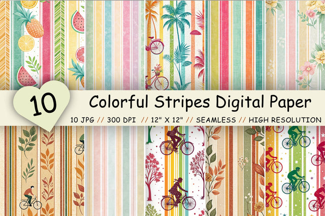 Colorful Stripes Digital Paper Pack, Seamless Vibrant Pattern Bundle, Printable Scrapbook Paper, Bright Rainbow Summer Design Collection Digital Pattern FloridPrintables 