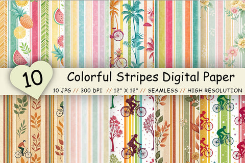 Colorful Stripes Digital Paper Pack, Seamless Vibrant Pattern Bundle, Printable Scrapbook Paper, Bright Rainbow Summer Design Collection Digital Pattern FloridPrintables 
