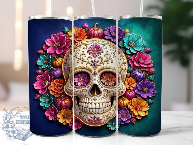 Colorful Sugar Skull Floral 20oz Tumbler, Colorful Skull Motif, Sugar Skull Design, Floral Pattern Theme, Vibrant Accent, Whimsical Charm, Sublimation Wrap, 20oz Tumbler Sublimation ToriDesigns 