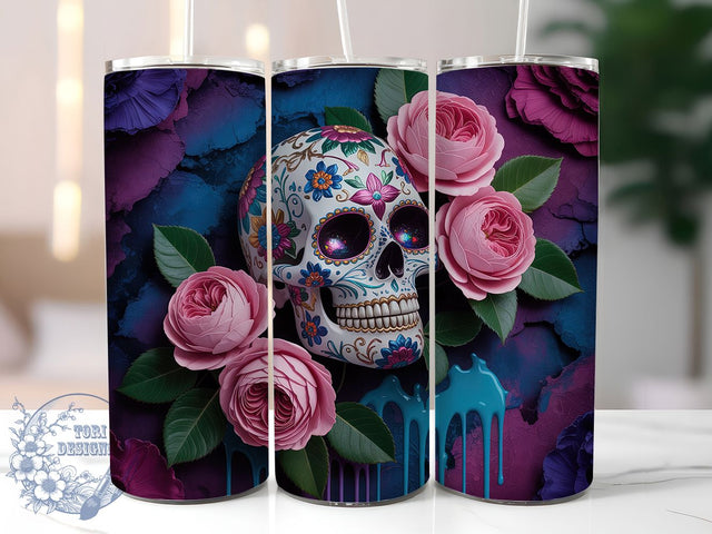 Colorful Sugar Skull Gothic Tumbler, Day Of The Dead Wrap, 20Oz Skinny Tumbler, Colorful Skull Sublimation, Mexican Skull Design, Dia De Los Muertos Tumbler, Gothic Skull Wrap Sublimation ToriDesigns 