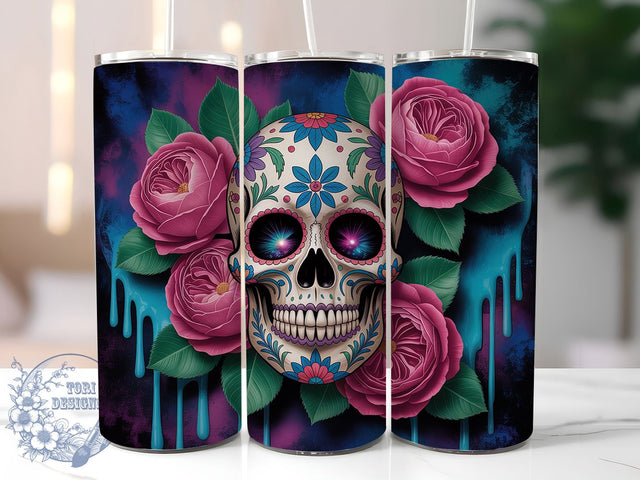 Colorful Sugar Skull Gothic Tumbler, Day Of The Dead Wrap, 20Oz Skinny Tumbler, Colorful Skull Sublimation, Mexican Skull Design, Dia De Los Muertos Tumbler, Gothic Skull Wrap Sublimation ToriDesigns 