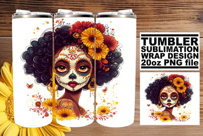 Colorful Sugar Skull Tumbler Wrap – 20oz Watercolor Art Sublimation afrosvg 