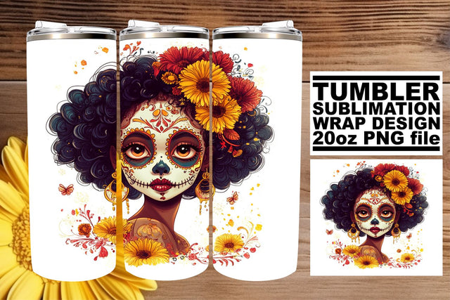 Colorful Sugar Skull Tumbler Wrap – 20oz Watercolor Art Sublimation afrosvg 