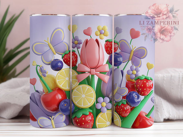 Colorful Summer Fruit Floral Tumbler, Lemon Strawberry Cherry Tumbler, Colorful Fruit Wrap, Whimsical Floral Fruit Wrap, Summer Fruit Wrap, Sublimation Design, Trendy Gift Idea Sublimation Li Zamperini 