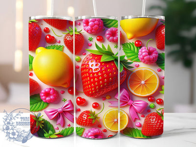 Colorful Summer Fruit Tumbler, Strawberry Theme, Lemon Citrus Wrap, Vibrant Summer Design, Seamless Artistic Motif, Fresh Botanical Print, Playful Fruit Style, Colorful Seasonal Theme, 20Oz Tumbler, Subl Sublimation ToriDesigns 