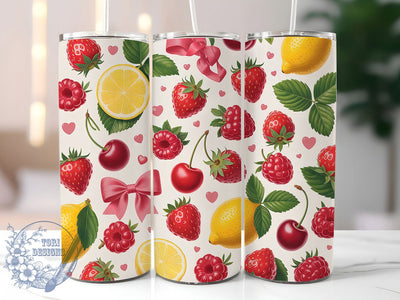 Colorful Summer Fruit Tumbler, Strawberry Theme, Lemon Citrus Wrap, Vibrant Summer Design, Seamless Artistic Motif, Fresh Botanical Print, Playful Fruit Style, Colorful Seasonal Theme, 20Oz Tumbler, Subl Sublimation ToriDesigns 